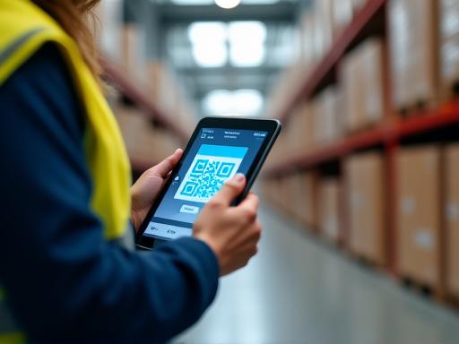 Warehouse staff using tablet for digital inventory tracking