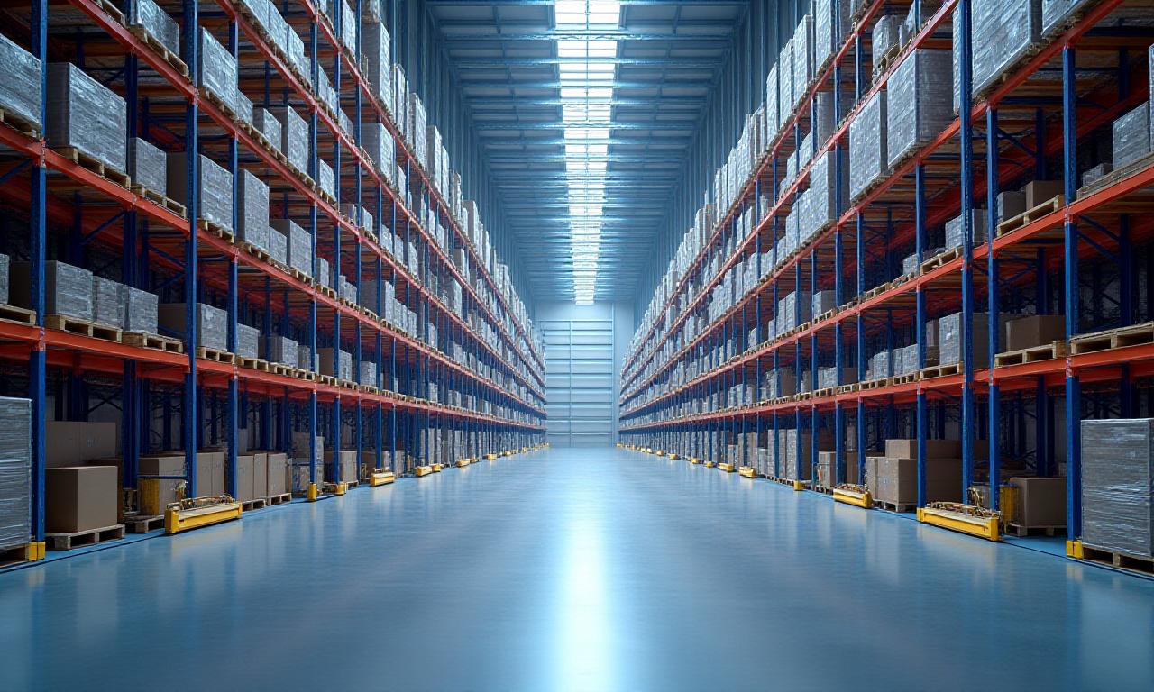 Modern logistics warehouse interior with high stacking shelves